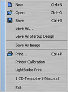 File Menu for AudioLabel CD Label Making Software