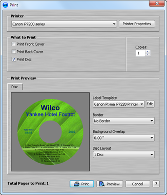 Printer properties for label paper and discs
