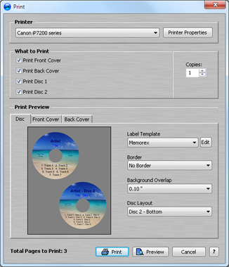 Print Dialog for AudioLabel DVD Cover Maker