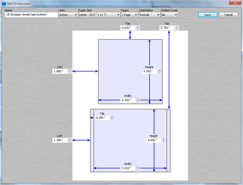 Edit Dimensions Dialog showing a CD Case Template