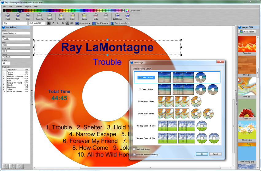 Screenshot of AudioLabel CD/DVD/LightScribe Cover Maker